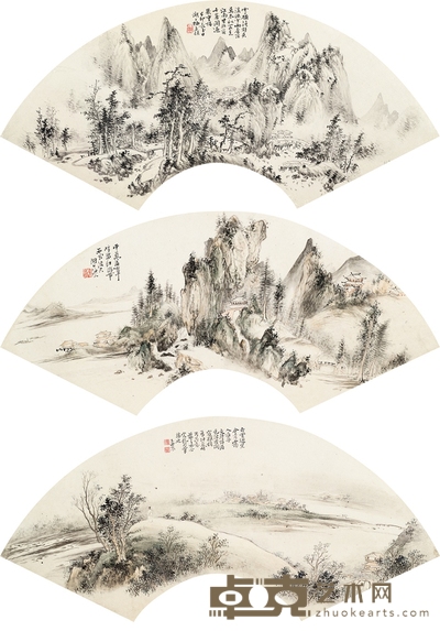 冯箕 1819年作 山水扇片 (三帧) 镜心