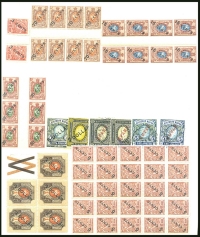沙俄客邮新旧票一组约60枚，包括许多高面额票，部分为过桥票。多数中品。