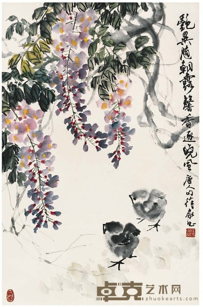 徐家昌 藤花小雞 68×45 cm