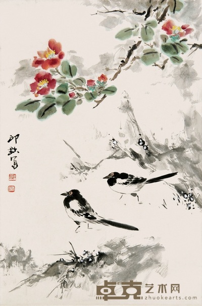 萧朗 喜鹊茶花图 立轴 68×45cm