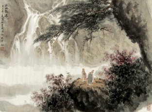傅瑜明 2003年作 秋山观瀑 镜心
