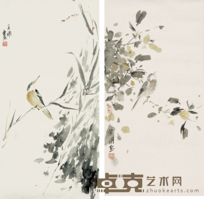 李金国 2008年作 花鸟 （二帧） 镜心 68×34cm×2