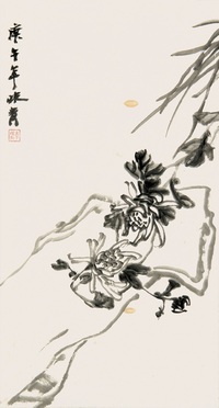 李味青 1990年作 菊花兰石图 立轴