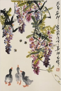 娄师白 紫藤小鸭 立轴