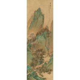 朱昂之 TEMPLE IN THE MOUNTAIN hanging scroll