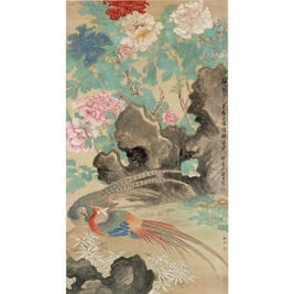 陆抑非 PHEASANTS AND PEONIES hanging scroll