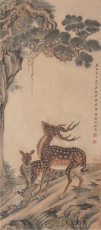 沈铨双鹿图立轴 80×40cm