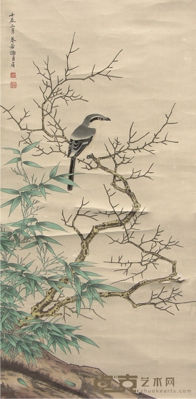 谢月眉绢本花鸟立轴 89×43cm