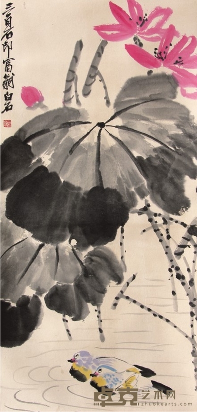 齐白石荷花鸳鸯镜片 101×48cm