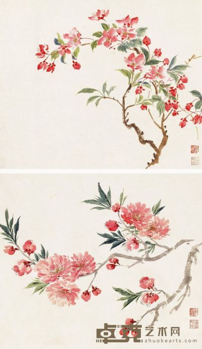 陶冷月 樱花 海棠 28.5×34cm；26.5×30.3cm