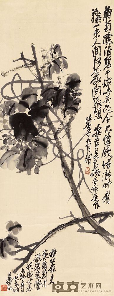 吴昌硕 壬子（1912年）作 水墨葡萄 立轴 106×41cm