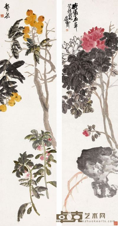 吴昌硕 牡丹 枇杷双帧 （二帧） 立轴 132×32.6cm×2