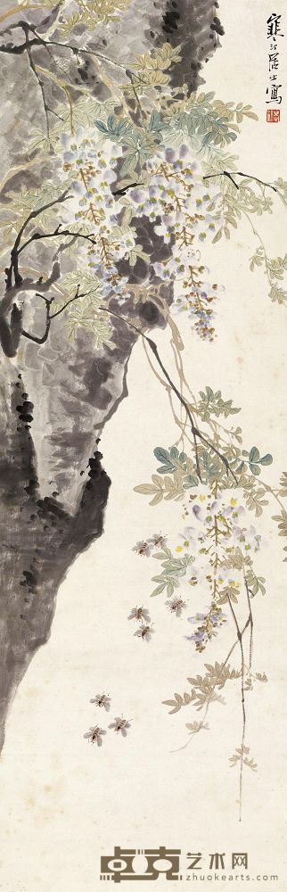 江寒汀 紫藤蜜蜂 立轴 102.6×33.2cm