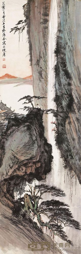 郑午昌 应野平 孙雪泥 戊寅（1938年）作 观瀑图 立轴 105.6×33.7cm