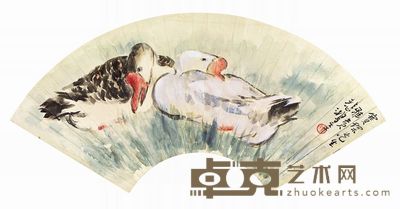 徐悲鸿 壬午(1942年)作 双鹅 扇面镜心 19.6×52.8cm