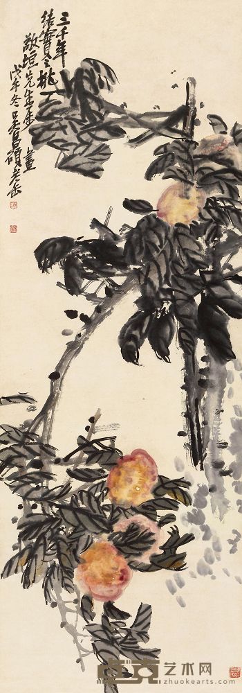 吴昌硕 戊午（1918年）作 三千年结实之桃 立轴 134.6×48.4cm