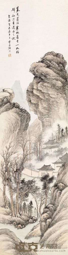 顾沄 癸未嘉平（1884年）作 寒林萧寺 立轴 146×39.3cm
