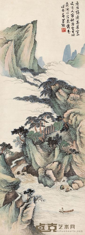 萧愻 戊辰(1928年)作 桃源问津 立轴 98.5×35.8cm