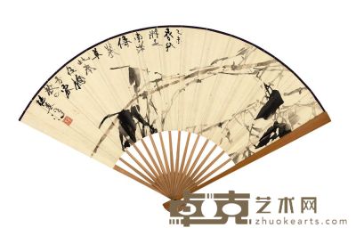 杨善深 叶观盛 乙未（1955年）作 墨竹青郁　柳亚子诗 成扇 16.6×48.6cm