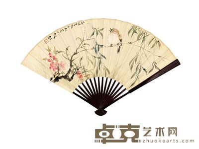 唐云 王百里 桃柳鸣禽　东汉诗 成扇 18×48cm