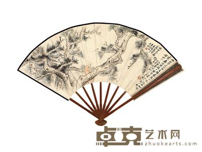 吴徵 白乔 松林悟道 自作诗 成扇 18×50cm