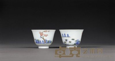 清道光 五彩芙蓉花图花神杯 (一对) 直径7cm