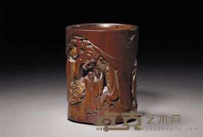 清初 竹雕题壁图笔筒 高14.5cm