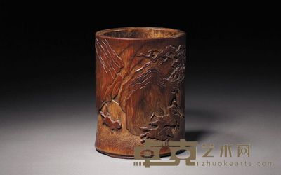 清康熙 竹雕狩猎图笔筒 高15.7cm