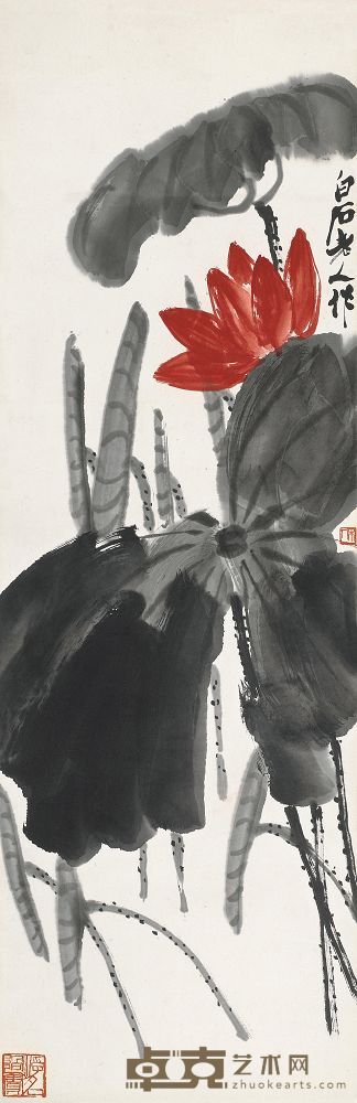 齐白石 映日红荷 立轴 101×33.5cm