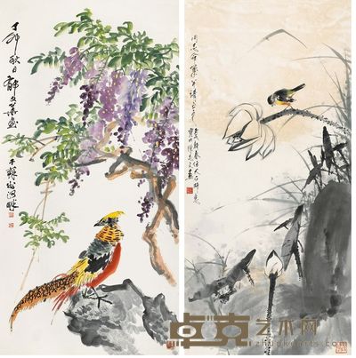 郁文华 徐志文 1987年作；1982年作 紫绶锦章 荷塘清趣 立轴 137×69.5cm；147×45cm