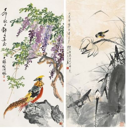 郁文华 徐志文 1987年作；1982年作 紫绶锦章 荷塘清趣 立轴