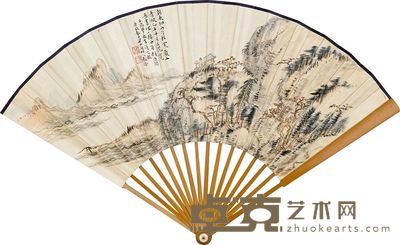 秦仲文 张海若 1940年作 凭栏赏枫图 楷书节录孙过庭书谱 成扇