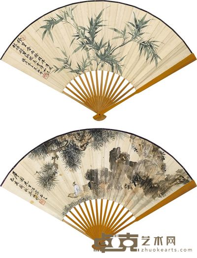 朱梅邨 周策鲁 1959年作 修篁含雨并隶书 松溪高隐 行书 成扇