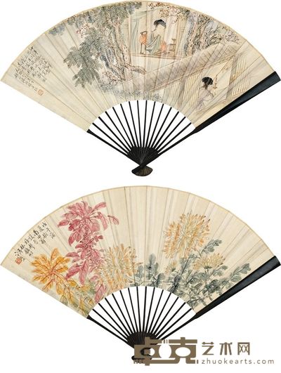 潘振镛 1918年作 灯下制衣 老少年 成扇