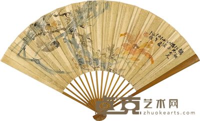 任颐 邱兆仑 1875年作 萱花栖禽 楷书 成扇