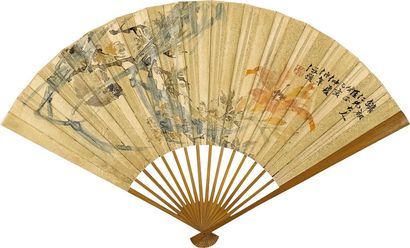 任颐 邱兆仑 1875年作 萱花栖禽 楷书 成扇