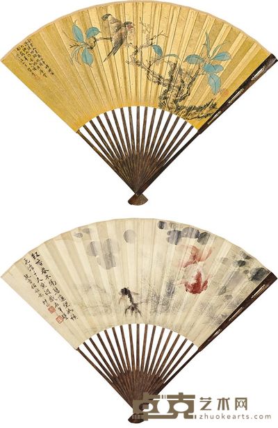 陆抑非 1953年作 花间双雀并碧藻游鱼 成扇