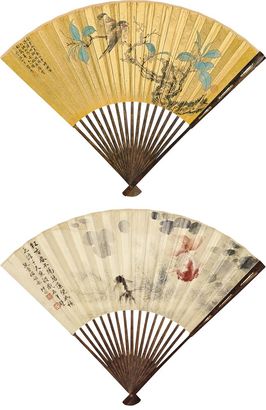 陆抑非 1953年作 花间双雀并碧藻游鱼 成扇