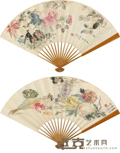 陆抑非 柳君然 九秋图 佳品图 成扇