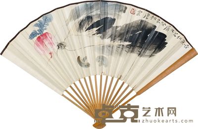 唐云 唐肎 1943年作 清蔬图 行书杜甫诗 成扇