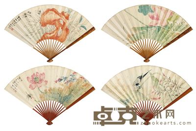 江寒汀 1943年作 朱石水仙 荷花蜻蜓 成扇