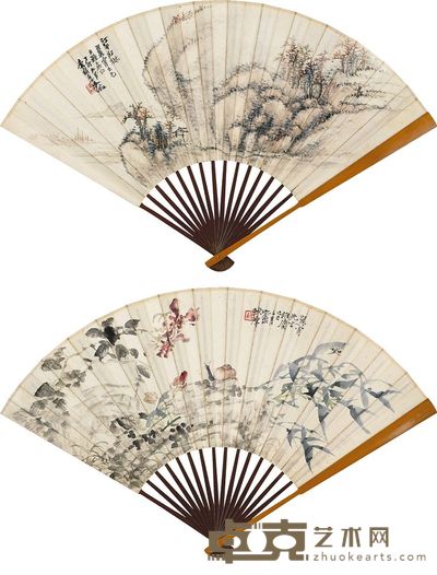 吴征 陈摩 1927年作 江干红树 园中幽趣 成扇