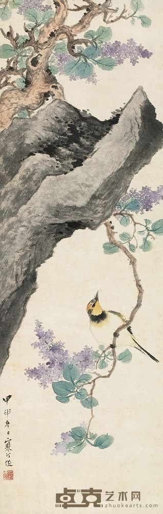 江寒汀 1944年作 花荫幽禽 立轴 84.5×27cm