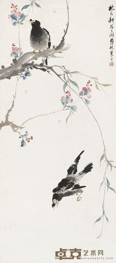 江寒汀 海棠八哥 立轴 102.5×46cm