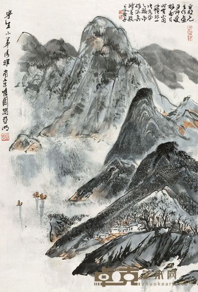 亚明 湖山帆影图 立轴 67.5×46cm