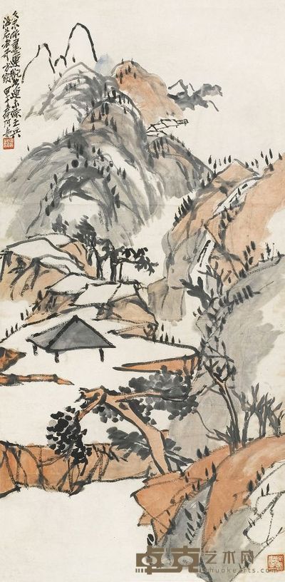 潘天寿 1924年作 溪亭观瀑 立轴 138×68.5cm