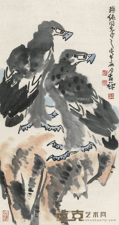 李苦禅 1978年作 双鹰图 立轴 97×51cm