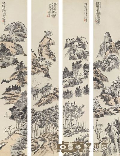 陈师曾 1916年作 林泉幽致辞屏 四屏条 174×30.5cm×4