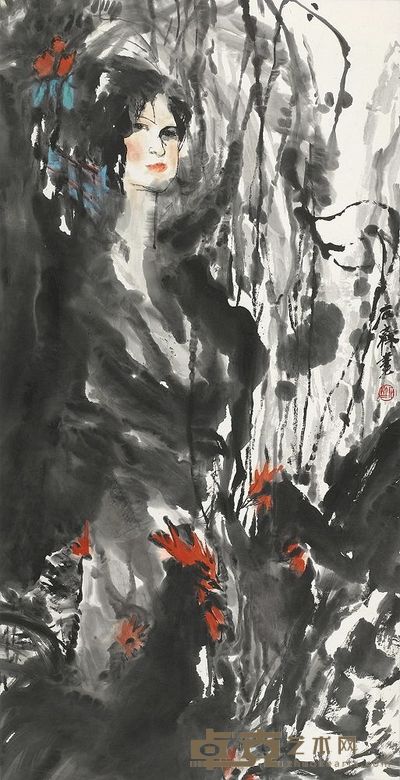 石齐 饲鸡图 立轴 118×60cm
