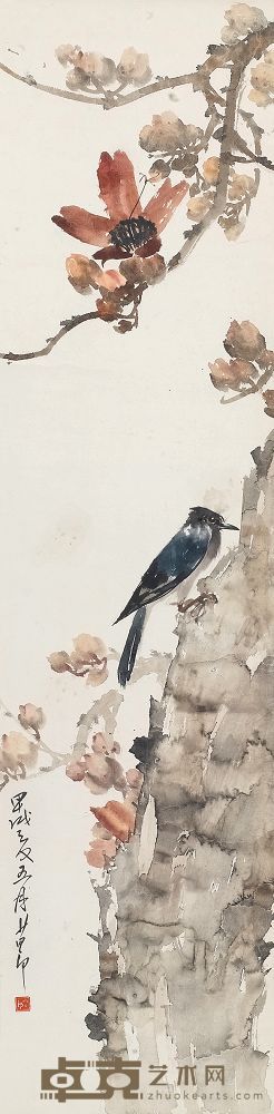 赵少昂 1934年作 木棉小鸟 立轴 109×27cm